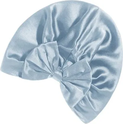 Image de INF Bonnet de Nuit en Soie de Mûrier 19 Momme avec Nœud Papillon Bleu