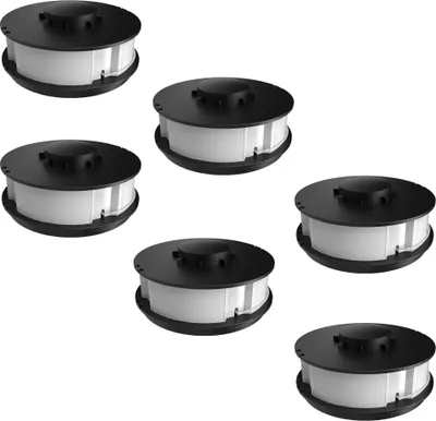 A collection of six identical spools of trimmer line, arranged in a grid pattern against a white background.