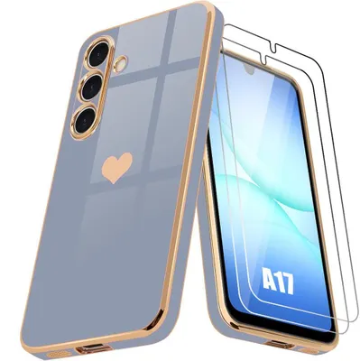 Image de Coque + 2 Verres Trempés pour Samsung Galaxy A17 4G/5G, Silicone Motif Cœur Anti-Rayure Slim Souple Bleu