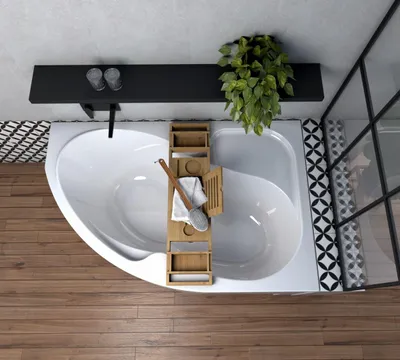 Image de ECOLAM Baignoire d'angle Wela 150x100 cm version droite + tablier en acrylique | Planche en bambou | Pieds siphon silicone | Set complet