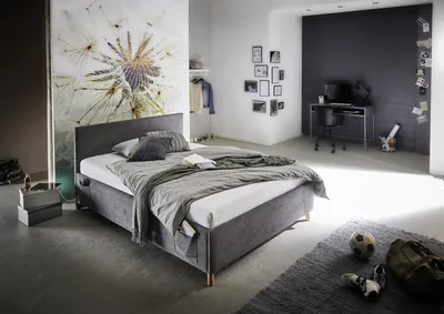 Produktbild von Meise Möbel Kinderbett Cool 140x200 cm | Bettkasten & Lattenrost | Cordstoff Anthrazit | Holzfuß eichefarbig