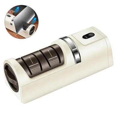Produktbild von Elektrischer Messerschärfer Akku, Diamant Schleifscheibe, kabellos mit Saugnapf Basis, Küchen Messerschleifer für Haushalt Beige