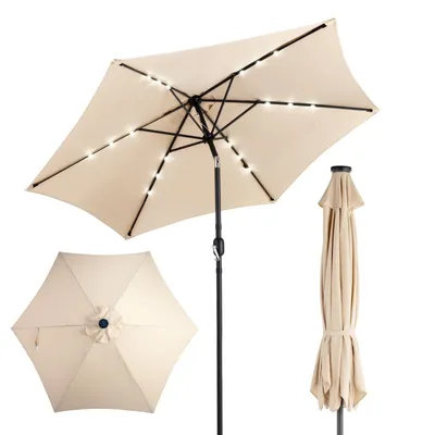 Immagine prodotto di Ombrellone FCH da 266 cm con illuminazione a LED solare, ombrellone da giardino da 9 piedi con manovella e inclinazione regolabile, protezione solare impermeabile con fattore di protezione UPF 50+ per giardino e terrazza, color kaki