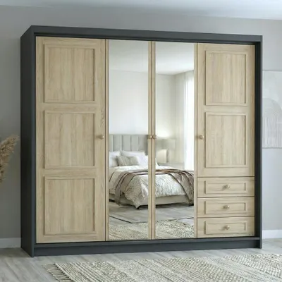 Produktbild von Geräumiger viertüriger Kleiderschrank OSLO mit Schubladen und Metallgriffen – modernes Design Farbe: Graphit , Sonoma