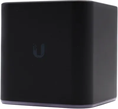 A black UbiQuiti Networks airCube router is shown against a white background.