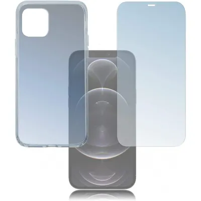 A transparent phone case and screen protector are laid out next to a smartphone.