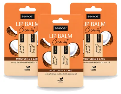 Imagen del producto de 3 bálsamos labiales Sence, hidratantes y nutritivos, sabor coco, 4,3 g cada uno. Paquete de 3 unidades