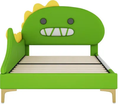 Produktbild von okwish Kinderbett Flachbett 90×200 cm mit Lattenrost, Polsterbett Jugendbett für Jungen und Mädchen, Funktionelles Einzelbett mit Kopfteil in Dinosaurierform, Grün(Ohne Matratze)