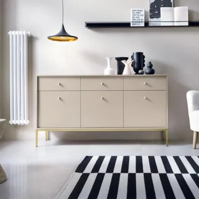 Produktbild von RAVIO Kommode Bari KSZ154 breite 154cm Sideboard mit Metallfüße drei Schubladen und Türen (Beige + Goldene Beine)