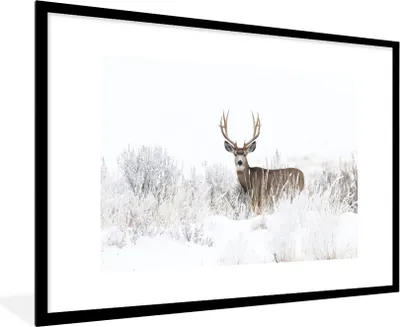 Produktbild von MuchoWow® Gerahmtes Poster Hirsche - Winter - Schnee - Tiere - Jahreszeiten - Weiß 90x60 cm - Poster mit Schwarzem Bilderrahmen Wandposter Rahmen Foto Bilder - Wanddekoration - Fotos