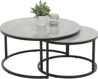 Produktbild von 2er Set Couchtisch Luis-Rund-Echtsteinplatte in Mamoroptik Hochglanz-Metallgestell Schwarz,Ø80+60cm