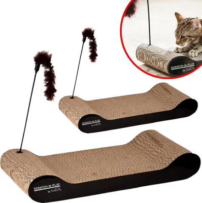Produktbild von Starlyf Cat Scratch N Play - Kratzpappe Katze, Kratzmatte aus Pappe, umweltfreundlich, langlebig, mit Feder, Kratzbrett mit Katzenminze, Katzenspielzeug mit Glocke, 2er Pack