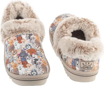 A pair of women's slippers with a dog print and faux fur trim.