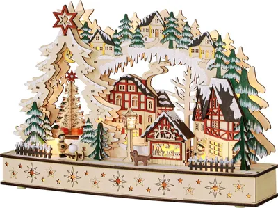 Zdjęcie produktu dla Drewniana wioska bożonarodzeniowa z oświetleniem LED - 20 lampek, 45x12x30 cm