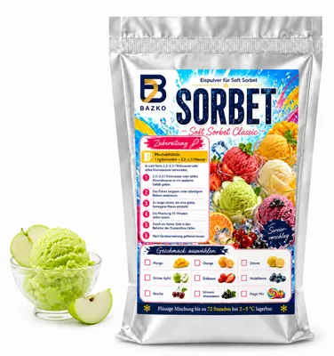Produktbild von Bazko Grüner Apfel Eispulver für Eismaschine | 1 kg für ca. 3,5 kg Sorbet, KI-generiertes Bild