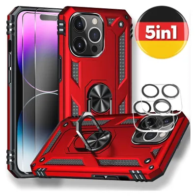 A red iPhone case with a ring holder and screen protectors, along with camera lens protectors, is displayed against a white background. A circular graphic with the German flag and the text '5in1' is also visible.