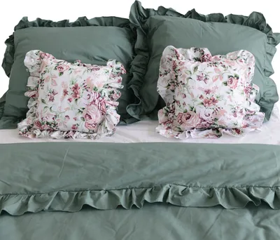 Produktbild von Baumwolle Bettwäsche Mit Rüschen Set Bettdeckenbezug 220X200 Cm + 4 Kissenbezüge Boho Grün Retro-Blumen