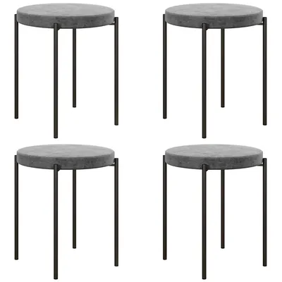 Four gray round stools with black metal legs arranged in a grid on a white background.