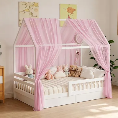 Produktbild von Elzusha – Set aus 2 Himmelbettvorhängen für Kinderzimmer, mit rosa Netzstoff