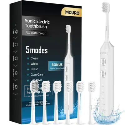 Produktbild von MCURO Elektrische Schallzahnbürste, 45.000 VPM, bis zu 180 Tage Akkulaufzeit, 5 Putzmodi, IPX7 wasserdicht, mit Timer & 6 Bürstenköpfen, Weiß
