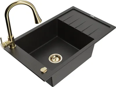 Produktbild von Mexen Elias 1 Becken-Granitspüle mit Abtropffläche und Mischbatterie Elia, Schwarz/Gold metallisch - 6511-75-670101-50