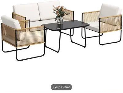 Produktbild von Terrassenmöbel-Set für 4 Personen mit 2 Sitzbankstühlen und Glas-Cocktailtisch mit abnehmbaren Kissen in Cremefarbe