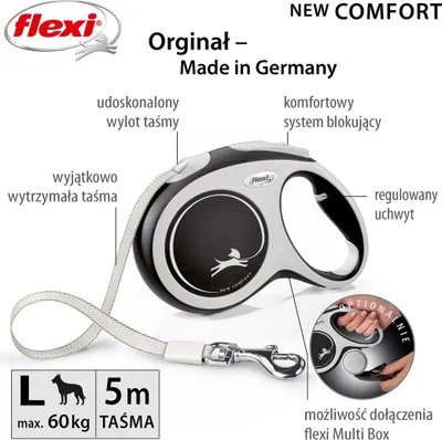 Zdjęcie produktu dla Flexi New COMFORT, Pies, Chowany przewód, Czarny, Szary, Taśma, 50 kg, L