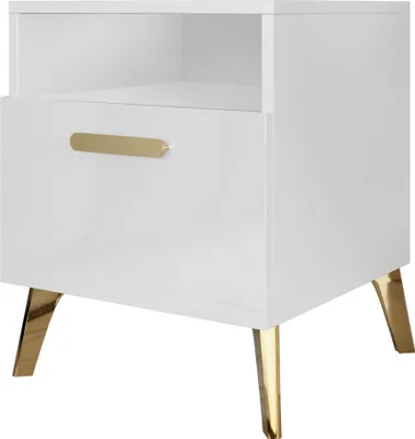 Produktbild von MIRJAN24 Nachttisch Picru 1SZ, Schlafzimmer Nachtschrank mit Schublade, Schlafzimmer Kollektion (Farbe: Weiß / Weiß Hochglanz + Gold)