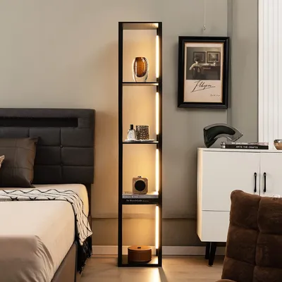 Produktbild von Stehlampe mit 4 LED-Stangen & 4 Regalen, Dimmbare Standleuchte mit Fußschalter, 163cm Stehleuchte für Wohnzimmer & Schlafzimmer (Schwarz)