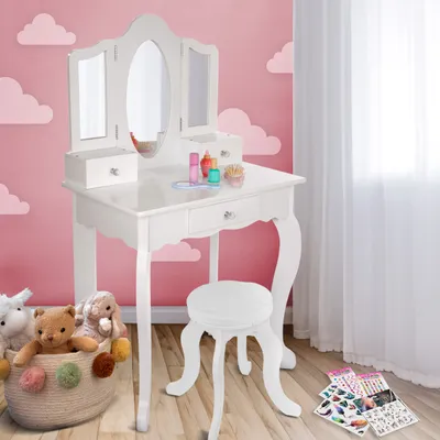 Produktbild von Kinderplay Großer Schminktisch Kinder Holz, Schminktisch Mädchen - mit Spiegel, Schminktisch mit Schubladen, Schminktisch Weiß, Schminktisch mit Hocker, Schminkkommode, GS3302
