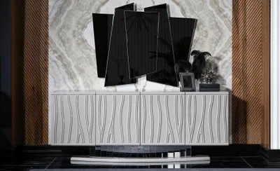 Produktbild von Elegantes Weißes Holz- und Glasmöbel-Set für Esszimmer mit Sideboard