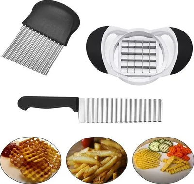 Obrázek produktu pro Sada Unyqoos® se 3 díly na přípravu hranolků – nástroj na krájení zeleniny na hranolky, chipsy a další zeleninu, nerezové čepele, odolný plast, vhodný do myčky