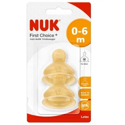 A retail package containing two NUK First Choice+ Latex teats.