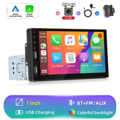 Obrázek produktu pro Autorádio – 1-DIN s kabelovým připojením CarPlay – dotykový displej 17,8 cm – rozlišení 1024×600 – Bluetooth/FM/USB – zadní kamera – 4×45 W – bílé