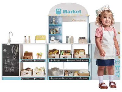 Produktbild von Zimilo Kinder Kaufladen aus Holz und Kunststoff, mit Regalen, Kühlschrank, Kreidetafel, Seitentheke und Wasserhahn, ab 3 Jahren, blau