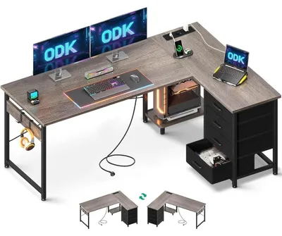 Produktbild von Eckschreibtisch L-Form 155x110 cm mit 4 Schubladen, Steckdose & USB, Reversibel, Graue Eiche