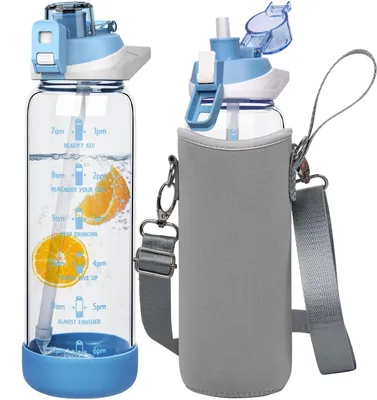Obrázok produktu pre Omgoods – Sklenená fľaša na vodu s objemom 800 ml, s brčkom a časovým ukazovateľom