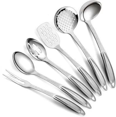 Produktbild von Unyqoos® 6‑teiliges Edelstahl-Küchenhelfer-Set – Metallspatel, Schaumlöffel, Schöpflöffel, Servierlöffel, Abtropflöffel & Tranchiergabel, ideal für Hobby- und Profi-Köche