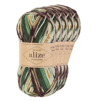 5 x 100g Sockenwolle Alize Wooltime 75% Wolle OEKO-Tex 100 Strickgarn Häkelgarn Farbwahl 11021 Oase