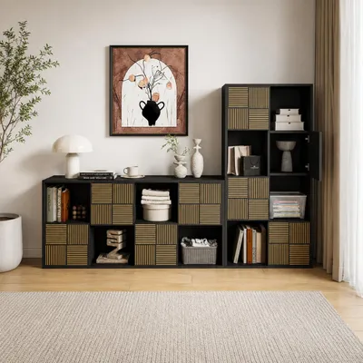 Immagine prodotto di INONEFT, libreria con 4 ripiani aperti e 4 ante, scaffale portaoggetti, ideale per ufficio, camera da letto e soggiorno, dimensioni 60 x 30 x 125 cm, Immagine generata dall'IA
