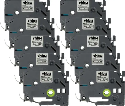 Produktbild von vhbw 10x Schriftband-Kassette kompatibel mit Brother PT 1230PC, 1200P, 1200, 1090, 1080, 1010, 1000-Serie Etiketten-Drucker 8m x 6mm Schwarz auf Weiß