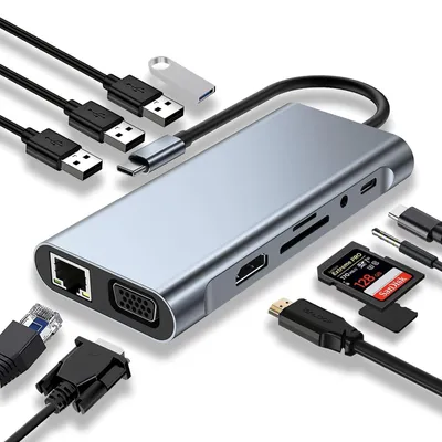 Produktbild von USB C HUB, Docking Station, 11-in-1 USB C Adapter mit 4K-HDMI, VGA, USB 3.0 Port, Type C PD, Ethernet RJ45 Port, SD/TF-Kartenles, 3.5mm AUX, Kompatibel für MacBook Pro/Air, More Type C Geräte
