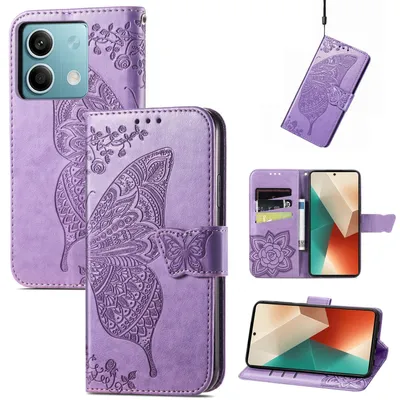 Produktbild von Für Xiaomi Redmi Note 13 Kunstleder Wallet Handy Tasche Schmetterling Design Schutz Hülle Case Cover Etuis Hell-Lila