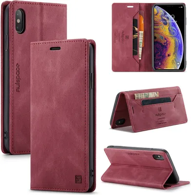 Produktbild von iPhone XS Max Brieftasche Hülle, Retro Kunstledertasche Stand Schutzhülle für iPhone XS Max Rot