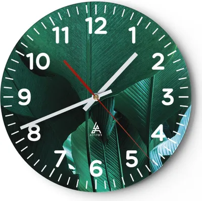 Produktbild von Wanduhr - Rund - Glasuhr - Blätter Palmen Banane - 40x40cm - Schleichendes Uhrwerk - Lautlos - zum Aufhängen bereit - Dekoration Modern - Wanddekoration aus Glas - C4AR40x40-4694