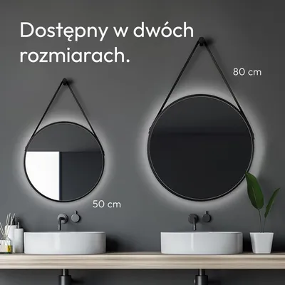 Zdjęcie produktu dla Lustro ścienne z oświetleniem Talos Black Light Ø 50 cm - pasek do zawieszania o wyglądzie skóry - jasny neutralny biały kolor - wysokiej jakości matowa czarna aluminiowa rama - okrągłe lustro łazienkowe - podświetlane lustro z ramą LED