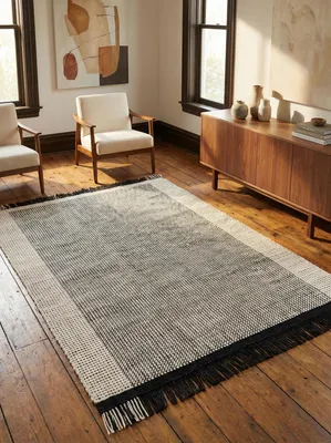 Produktbild von Gewebter Wollteppich | Schmutzabweisender Teppich aus Wolle | Klimaregulierender Wollteppich | Korbgeflecht-Muster | Schwarz-Weiß, 200x290 cm, 14mm Gesamthöhe | PISA Kollektion von Kadima Design