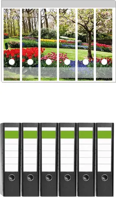 Produktbild von Wallario 6 Stück breite Ordner inkl. Klebeetiketten mit Motive Bunte Blumen und Kirsch-Baum im Park blühen im Frühling -  Set mit Rückenschildern / Ordnerrücken Stickern
