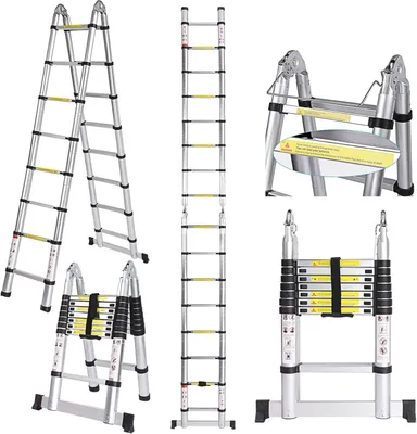 Productafbeelding van Telescopische ladder van aluminium,5 meter, vouwladder, uittrekbare ladder, maximale belasting: 150 kg, zilver