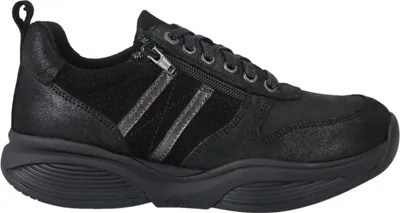 A side view of a black sneaker with silver accents.